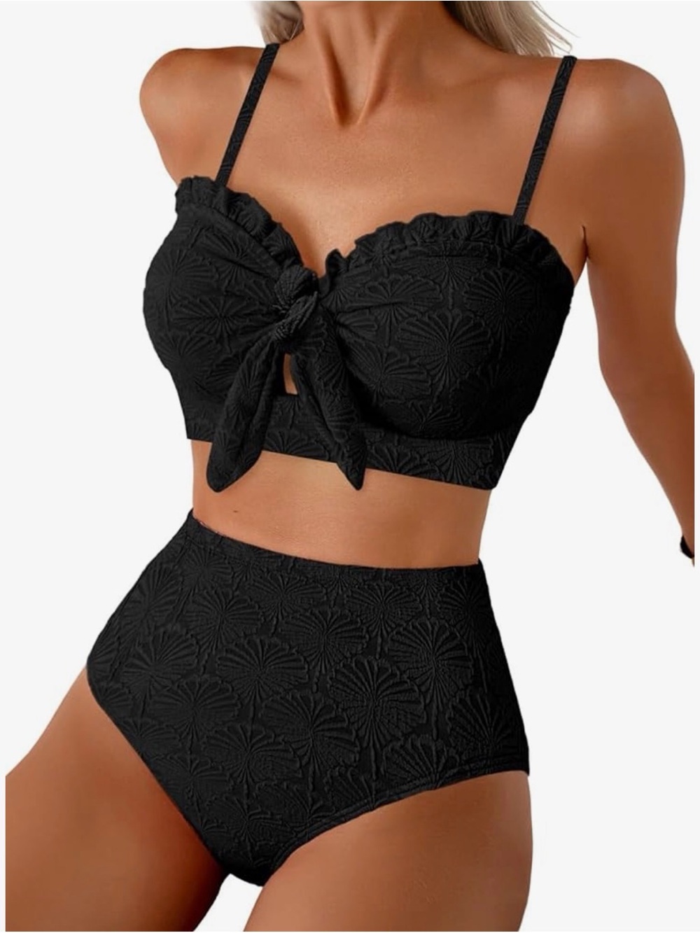 Tie-Front Textured High-Waist Bikini Set - Black